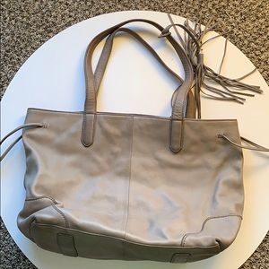 Hobo gray leather tote handbag with tassel